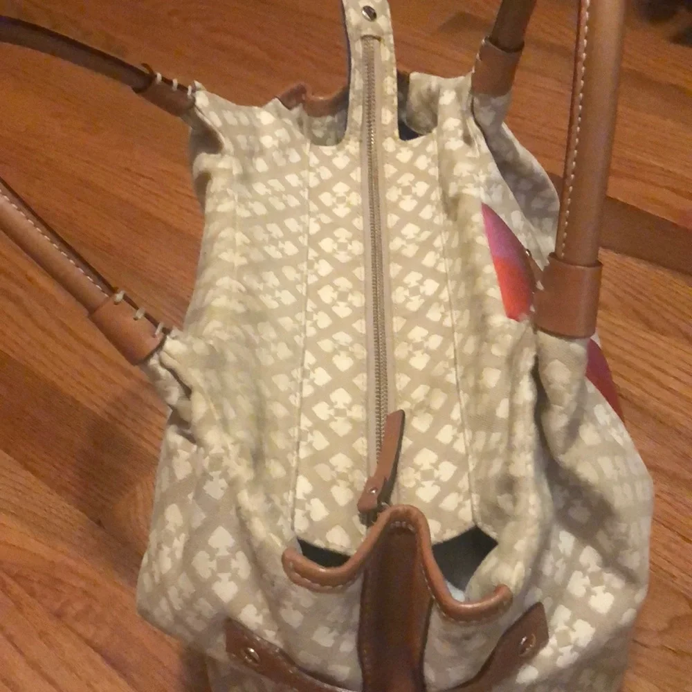 kate spade Beige Canvas Shoulder Bag with Pink and Orange Stripe